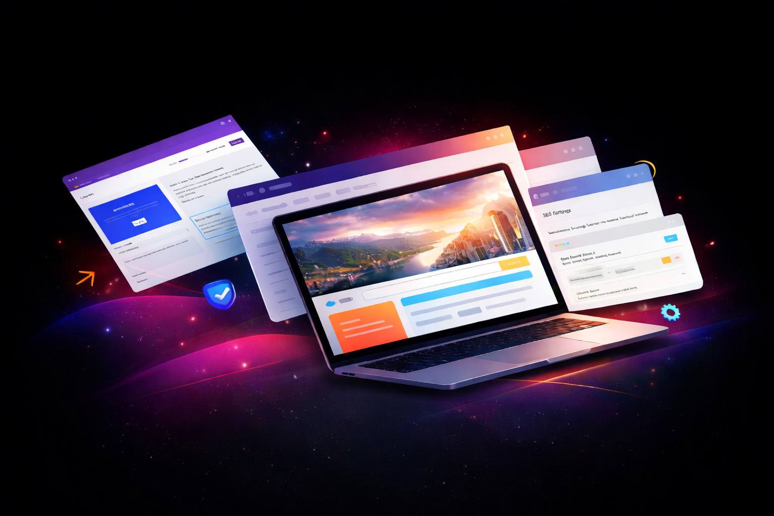 Colorful digital illustration of a laptop showing a modern website, surrounded by floating browser windows and interface panels on a dark purple-pink gradient background.