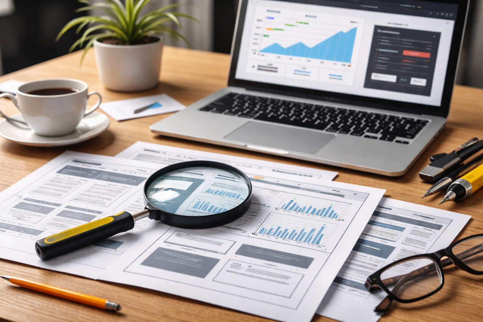 Workspace with laptop analytics, wireframe layouts, and magnifying glass illustrating website inspection and performance optimization