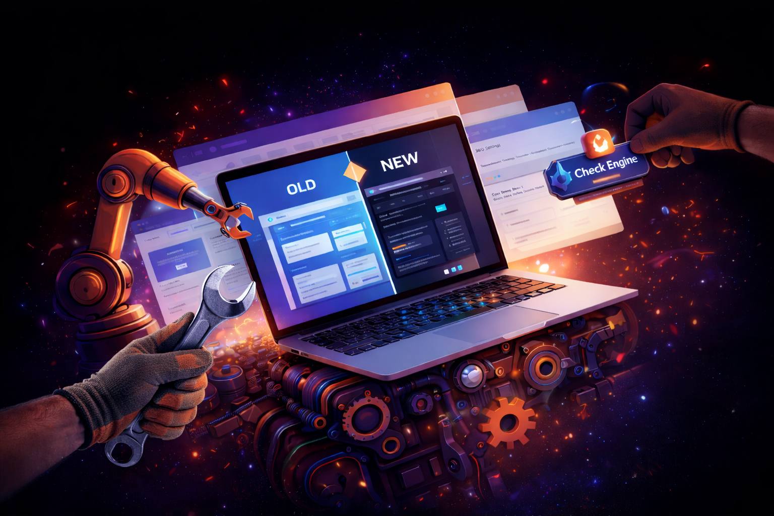 Laptop displaying an “old” versus “new” website redesign sitting on engine components, with a gloved hand holding a wrench to represent website repair and optimization by Check Engine Studio